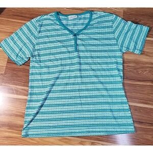 Vintage 80s Jantzen Classics Womens Striped Shirt Size Large Teal White Cottage